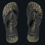 Gold Lace on Black Elegant Maid of Honour Wedding Jandals<br><div class="desc">These beautiful wedding flip flops are a great way to thank and recognise your Maid of Honour while saving her feet at the same time. Features an elegant design with golden lace frills on a black background and fancy gold coloured script lettering. The test reads Maid of Honour with her...</div>