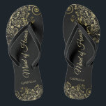 Gold Lace on Black Elegant Maid of Honour Wedding Jandals<br><div class="desc">These beautiful wedding flip flops are a great way to thank and recognise your Maid of Honour while saving her feet at the same time. Features an elegant design with golden lace frills on a black background and fancy gold coloured script lettering. The test reads Maid of Honour with her...</div>