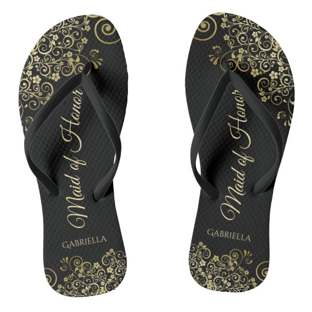 Gold Lace on Black Elegant Maid of Honour Wedding Jandals (Footbed)