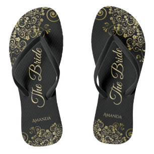 Gold Lace on Black The Bride Elegant Wedding Jandals