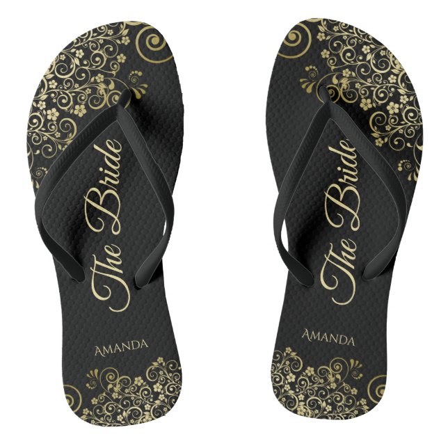 Gold Lace on Black The Bride Elegant Wedding Jandals (Footbed)