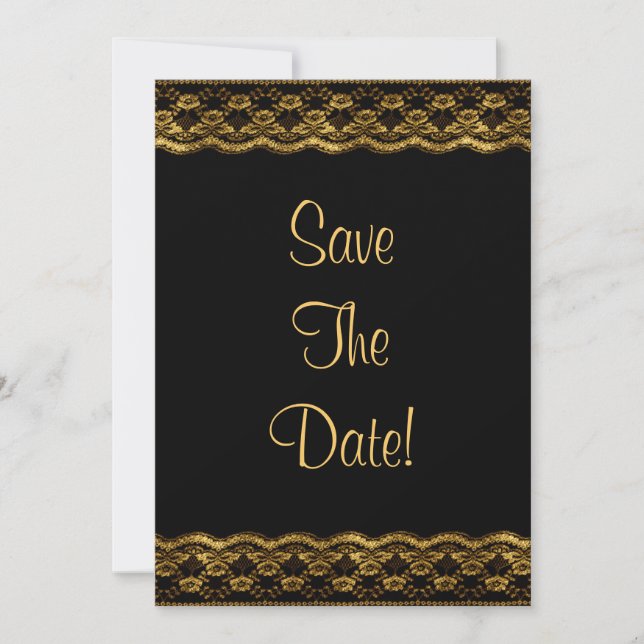 Gold lace on Black Wedding Save The Date Invitation (Front)