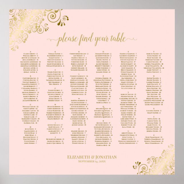 Gold Lace on Blush Pink Alphabetical Seating Chart (Front)