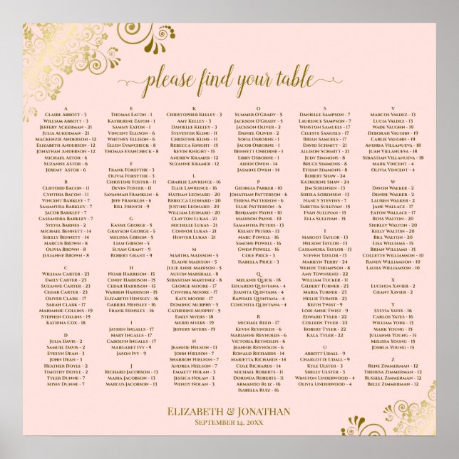 Gold Lace on Blush Pink Alphabetical Seating Chart (Front)