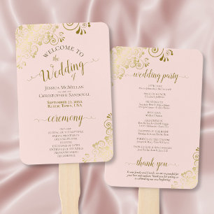Gold Lace on Blush Pink Elegant Wedding Program Hand Fan
