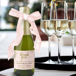 Gold Lace on Blush Pink Wedding Thank You Mini Sparkling Wine Label