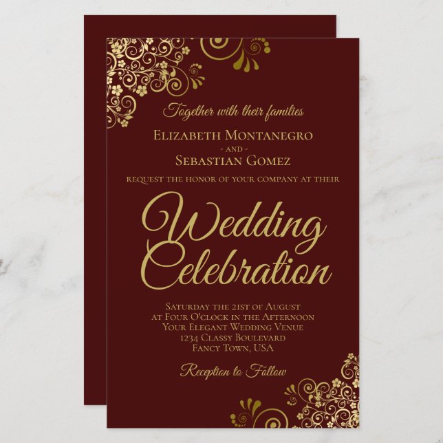 Gold Lace on Brown BUDGET Wedding Invitation Large (Front/Back)