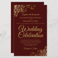 Gold Lace on Brown BUDGET Wedding Invitation Large