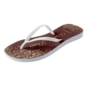 Gold Lace on Burgundy Brown Maid of Honour Wedding Jandals