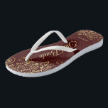 Gold Lace on Burgundy Brown The Bride Wedding Jandals<br><div class="desc">Dance the night away with these beautiful wedding flip flops. Designed for the bride, they feature a simple yet elegant design with gold coloured script lettering on a burgundy brown or auburn coloured background and fancy golden lace curls and swirls. Beautiful way to stay fancy and appropriate while giving your...</div>