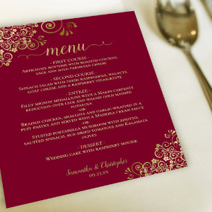 Gold Lace on Burgundy Maroon Budget Wedding Menu