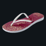 Gold Lace on Burgundy Maroon The Bride Wedding Jandals<br><div class="desc">Dance the night away with these beautiful wedding flip flops. Designed for the bride, they feature a simple yet elegant design with gold colored script lettering on a burgundy, maroon, or wine red colored background and fancy golden lace curls and swirls. Beautiful way to stay fancy and appropriate while giving...</div>