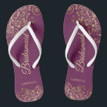 Gold Lace on Cassis Purple Bridesmaid Wedding Jandals<br><div class="desc">These elegant wedding flip flops are a great way to thank and recognise your bridesmaids, while giving their feet a rest after a long day. The beautiful design features an elegant design with golden lace frills on a cassis purple, magenta, or berry coloured background and fancy gold coloured script lettering....</div>