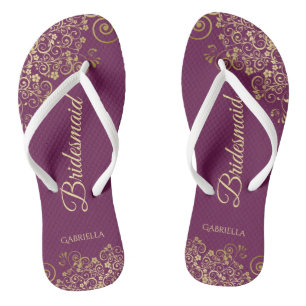 Gold Lace on Cassis Purple Bridesmaid Wedding Jandals