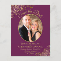 Gold Lace on Cassis Wedding Save the Date Photo