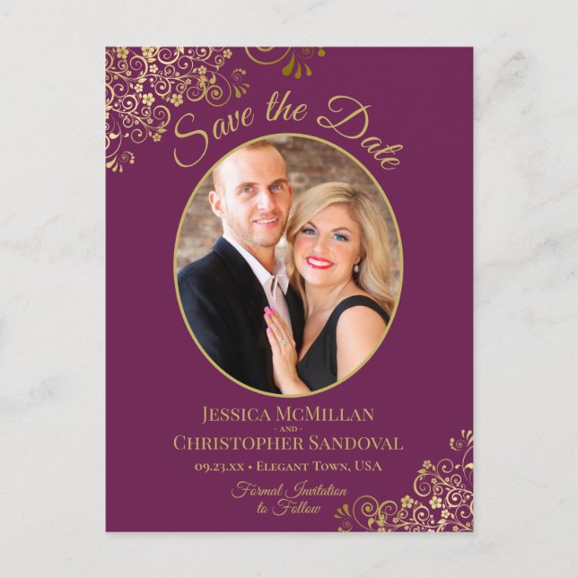 Gold Lace on Cassis Wedding Save the Date Photo Announcement Postcard (Front)