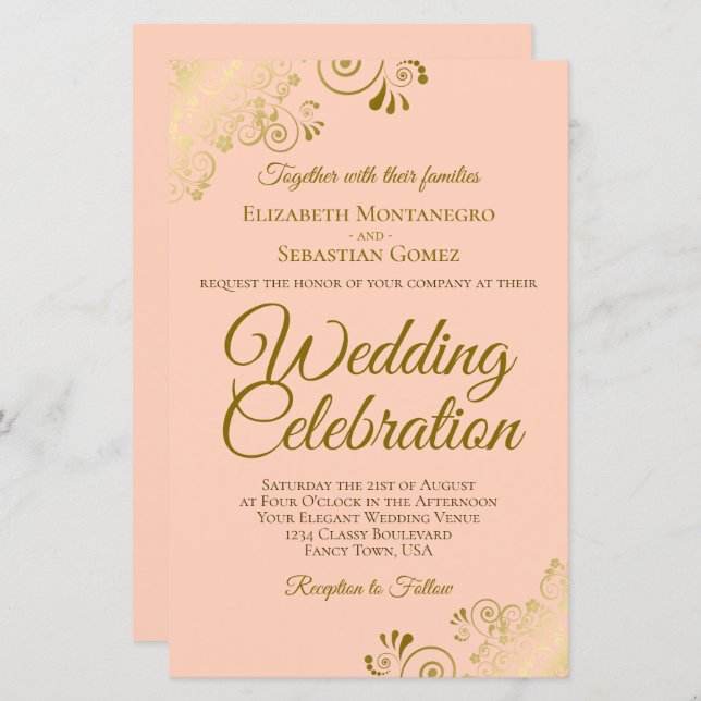 Gold Lace on Coral BUDGET Wedding Invitation Large (Front/Back)