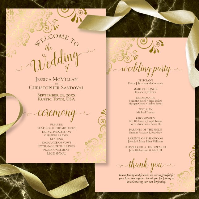 Gold Lace on Coral Peach Budget Wedding Program (In Situ Front and Back)