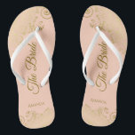 Gold Lace on Coral Peach The Bride Elegant Wedding Jandals<br><div class="desc">Dance the night away with these beautiful wedding flip flops. Designed for the bride, they feature a simple yet elegant design with gold coloured script lettering on a light orange or coral peach coloured background and fancy golden lace curls and swirls. Beautiful way to stay fancy and appropriate while giving...</div>