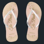 Gold Lace on Coral Peach The Bride Elegant Wedding Jandals<br><div class="desc">Dance the night away with these beautiful wedding flip flops. Designed for the bride, they feature a simple yet elegant design with gold coloured script lettering on a light orange or coral peach coloured background and fancy golden lace curls and swirls. Beautiful way to stay fancy and appropriate while giving...</div>