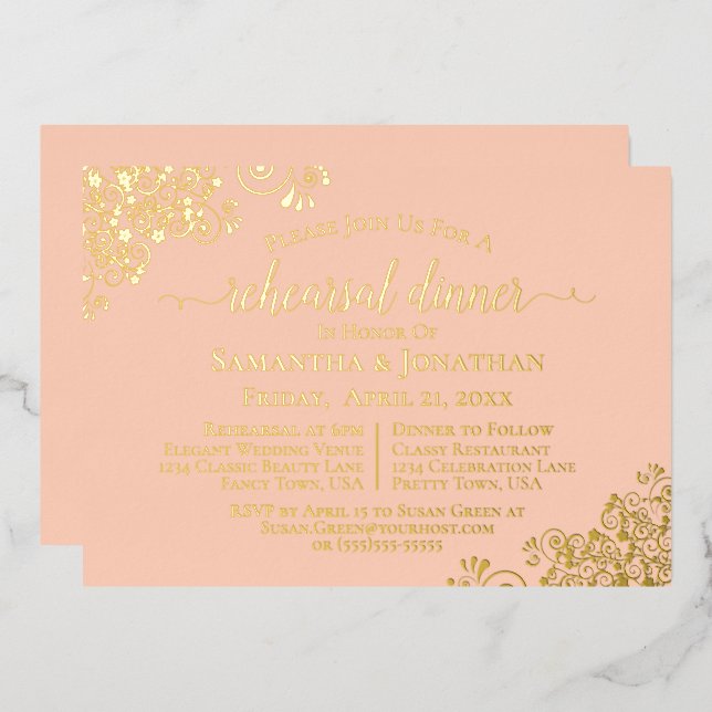 Gold Lace on Coral Peach Wedding Rehearsal Dinner (Front/Back)