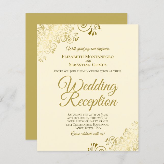 Gold Lace on Cream Wedding Reception BUDGET Invite (Front/Back)