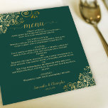 Gold Lace on Emerald Green Budget Wedding Menu<br><div class="desc">These beautiful wedding menus are simple,  elegant,  and stylish while still being budget friendly and affordable. They feature a classy and glamorous design with golden faux foil lace and script calligraphy on an emerald green background. The back is a beautiful marbled gold color.</div>