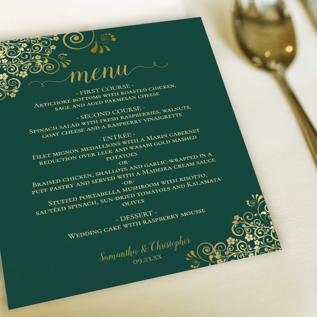 Gold Lace on Emerald Green Budget Wedding Menu (Creator Uploaded)