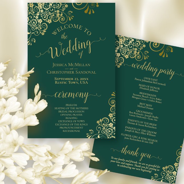 Gold Lace on Emerald Green Budget Wedding Program (Front and Back)