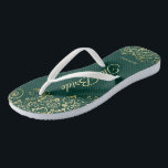 Gold Lace on Emerald Green The Bride Wedding Jandals<br><div class="desc">Dance the night away with these beautiful wedding flip flops. Designed for the bride, they feature a simple yet elegant design with gold coloured script lettering on an emerald green coloured background and fancy golden lace curls and swirls. Beautiful way to stay fancy and appropriate while giving your feet a...</div>