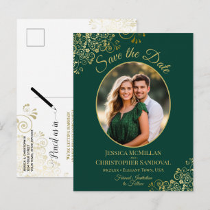 Gold Lace on Emerald Wedding Save the Date Photo Announcement Postcard