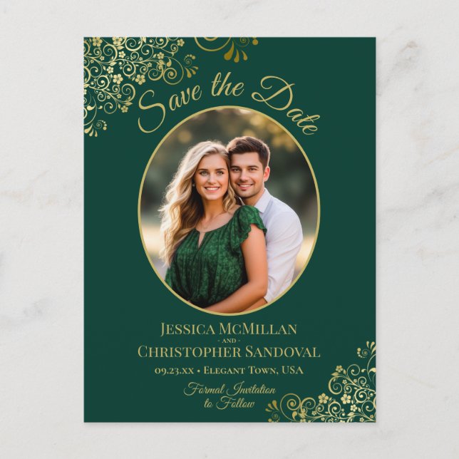 Gold Lace on Emerald Wedding Save the Date Photo Announcement Postcard (Front)
