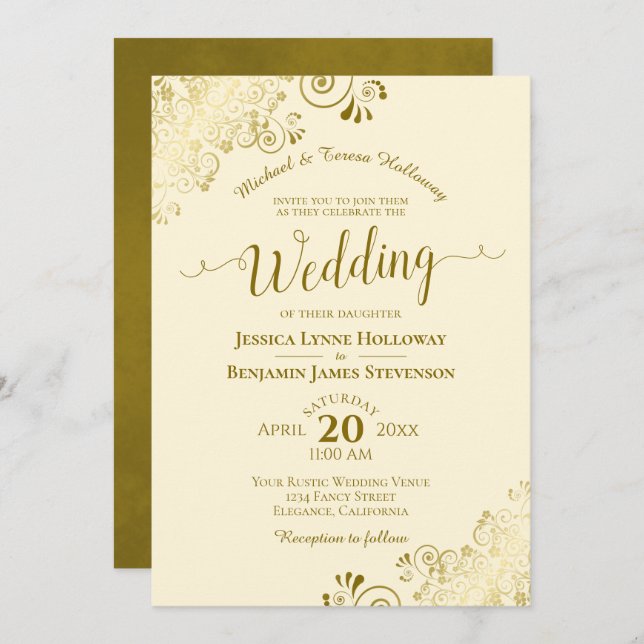 Gold Lace on Ivory Cream Elegant Formal Wedding Invitation (Front/Back)