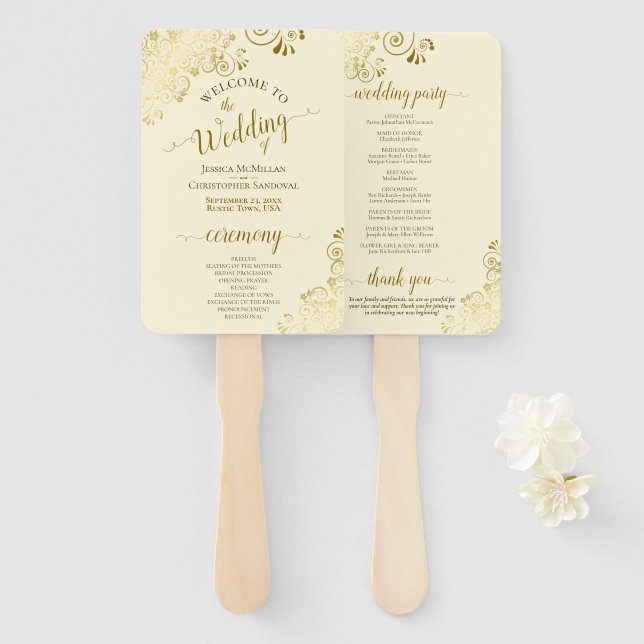 Gold Lace on Ivory Cream Elegant Wedding Program Hand Fan (Front and Back)