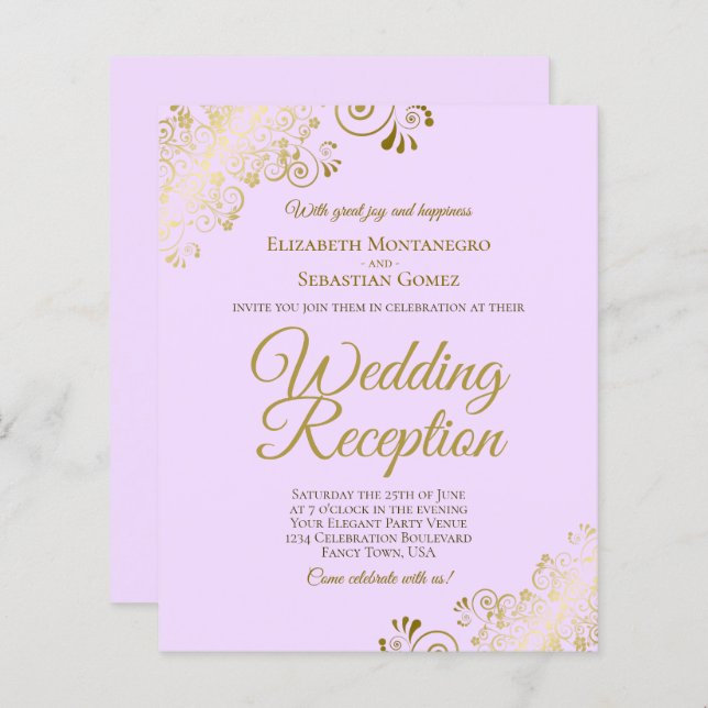 Gold Lace on Lilac Wedding Reception BUDGET Invite (Front/Back)