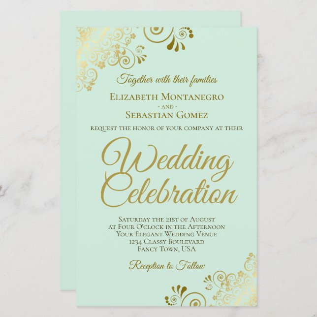 Gold Lace on Mint BUDGET Wedding Invitation Large (Front/Back)