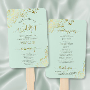Gold Lace on Mint Green Elegant Wedding Program Hand Fan