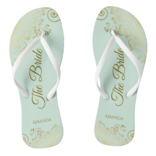 Gold Lace on Mint Green The Bride Elegant Wedding Jandals