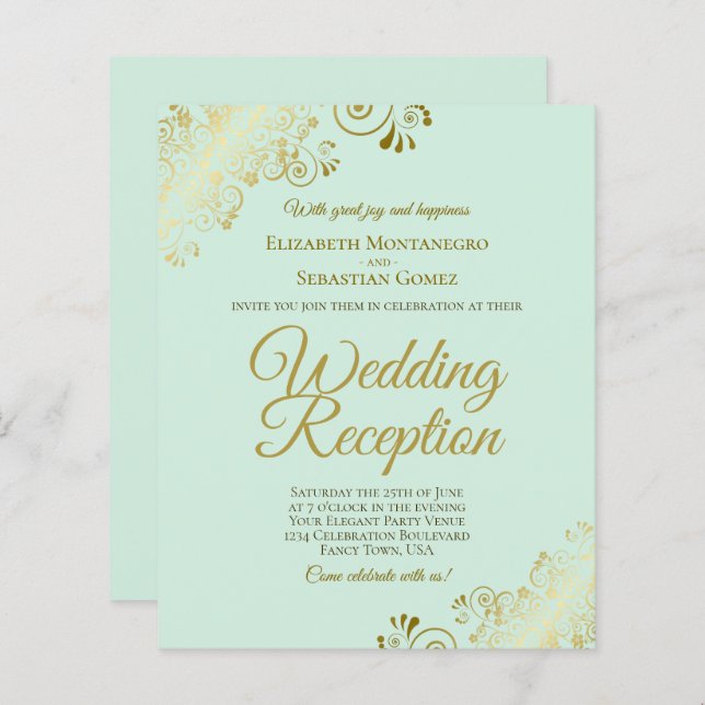 Gold Lace on Mint Wedding Reception BUDGET Invite (Front/Back)