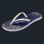 Gold Lace on Navy Blue The Bride Wedding Jandals<br><div class="desc">Dance the night away with these beautiful wedding flip flops. Designed for the bride, they feature a simple yet elegant design with gold coloured script lettering on a navy blue coloured background and fancy golden lace curls and swirls. Beautiful way to stay fancy and appropriate while giving your feet a...</div>