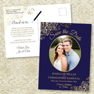 Gold Lace on Navy Wedding Save the Date Oval Photo Announcement Postcard