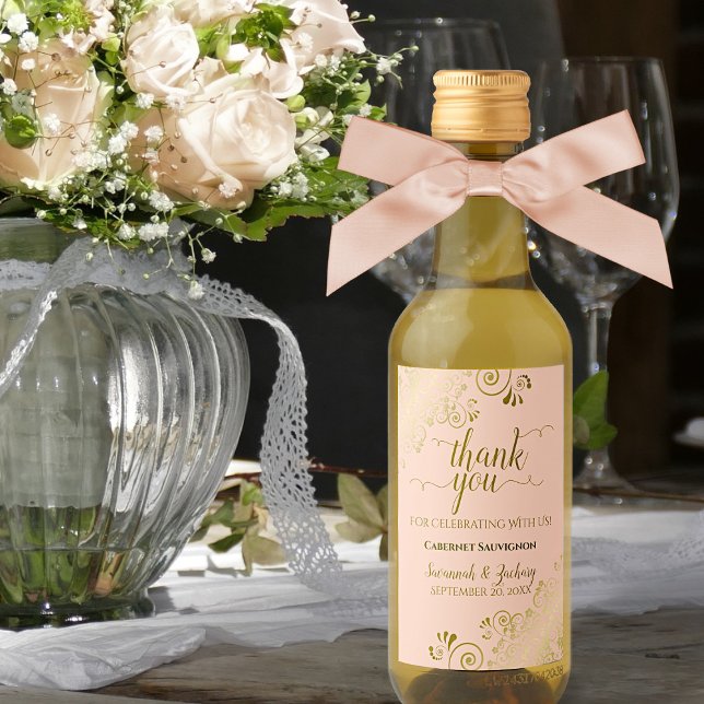 Gold Lace on Peach Orange Wedding Thank You Mini Wine Label (Creator Uploaded)