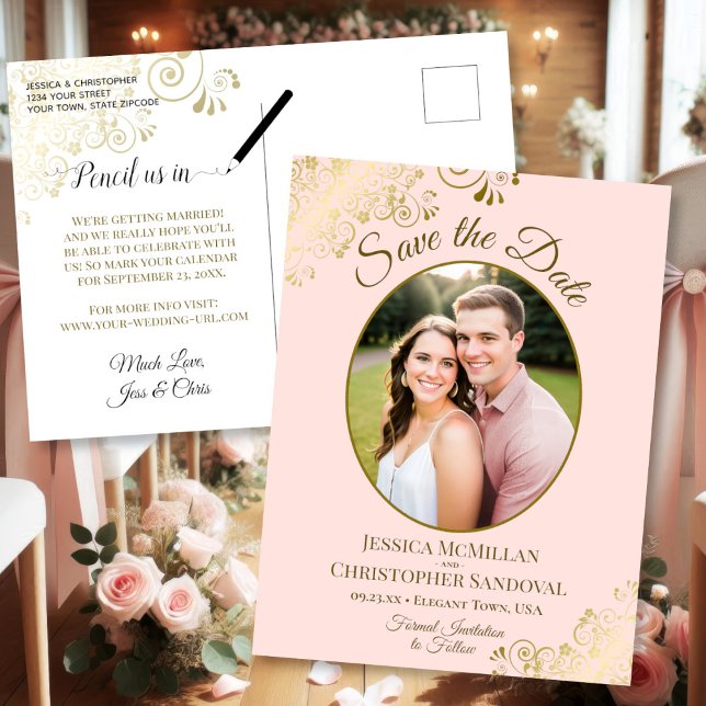 Gold Lace on Pink Wedding Save the Date Oval Photo Announcement Postcard (Front/Back)