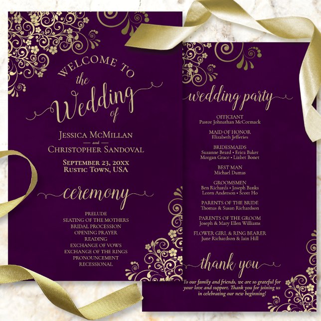 Gold Lace on Plum Purple Budget Wedding Program (Front and Back)