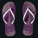 Gold Lace on Plum Purple Chic Bridesmaid Wedding Jandals<br><div class="desc">These elegant wedding flip flops are a great way to thank and recognise your bridesmaids, while giving their feet a rest after a long day. The beautiful design features an elegant design with golden lace frills on a plum purple coloured background and fancy gold coloured script lettering. The text reads...</div>