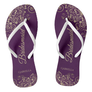 Gold Lace on Plum Purple Chic Bridesmaid Wedding Jandals
