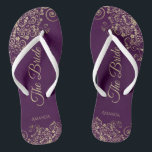 Gold Lace on Plum Purple Elegant The Bride Wedding Jandals<br><div class="desc">Dance the night away with these beautiful wedding flip flops. Designed for the bride, they feature a simple yet elegant design with gold coloured script lettering on a plum purple coloured background and fancy golden lace curls and swirls. Beautiful way to stay fancy and appropriate while giving your feet a...</div>