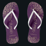 Gold Lace on Plum Purple Maid of Honour Wedding Jandals<br><div class="desc">These beautiful wedding flip flops are a great way to thank and recognise your Maid of Honour while saving her feet at the same time. Features an elegant design with golden lace frills on a deep plum purple coloured background and fancy gold coloured script lettering. The test reads Maid of...</div>