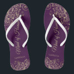 Gold Lace on Plum Purple Maid of Honour Wedding Jandals<br><div class="desc">These beautiful wedding flip flops are a great way to thank and recognise your Maid of Honour while saving her feet at the same time. Features an elegant design with golden lace frills on a deep plum purple coloured background and fancy gold coloured script lettering. The test reads Maid of...</div>
