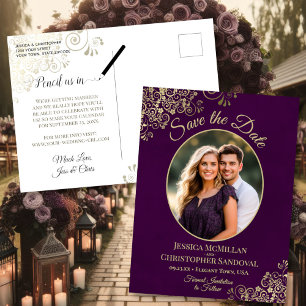 Gold Lace on Plum Wedding Save the Date Oval Photo Announcement Postcard
